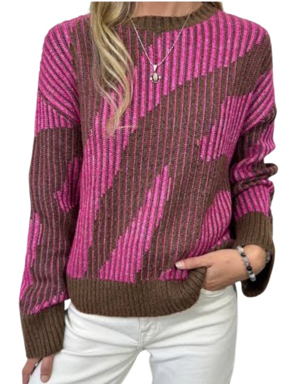 Nine West Animal Print Brown Pink Ribbed Long Sleeve Sweater XL